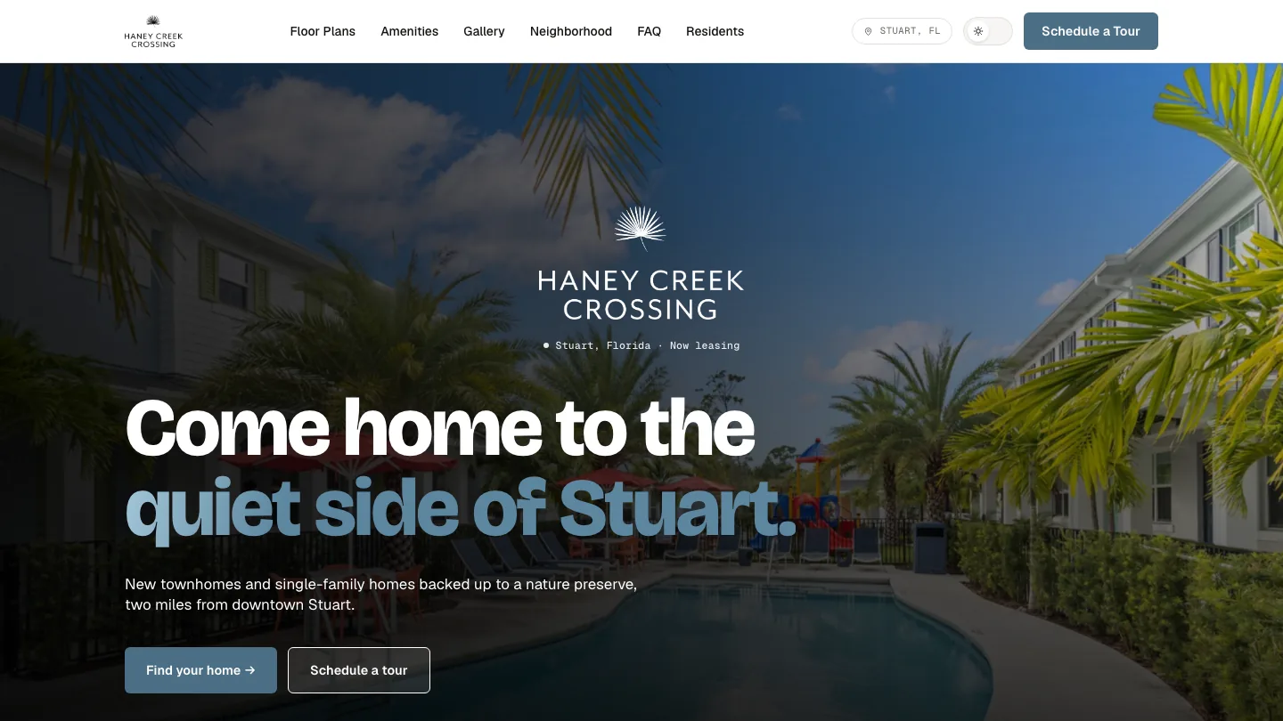 Haney Creek Crossing homepage showing its Stuart, Florida community, pool, and the headline Come home to the quiet side of Stuart.