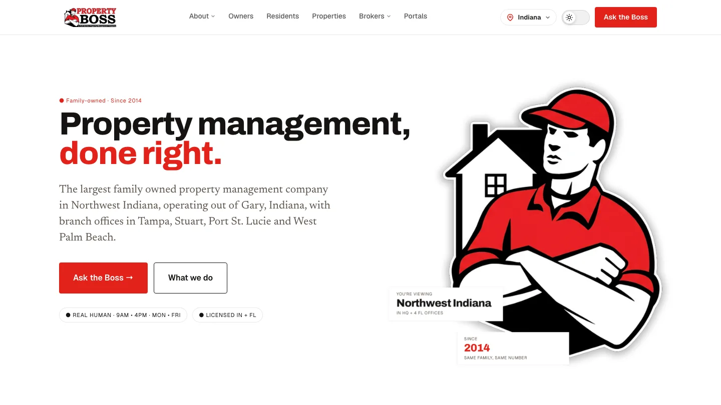 The Property Boss homepage — a bold hero reading &ldquo;Property management, done right.&rdquo; beside the company&rsquo;s red-and-black mascot, with a region switcher set to Indiana.